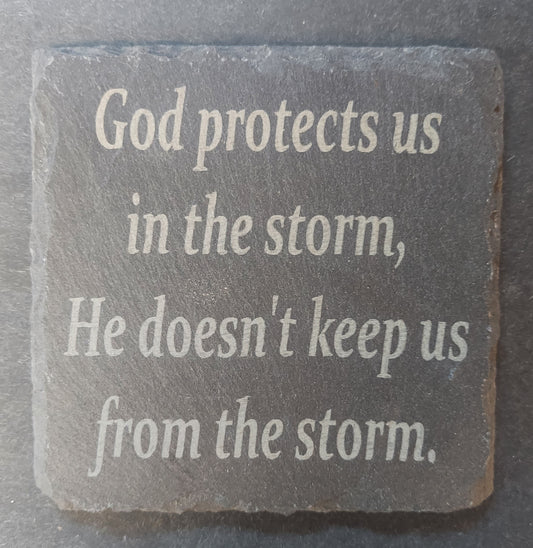 Slate Square Coaster - "God Protects Us"
